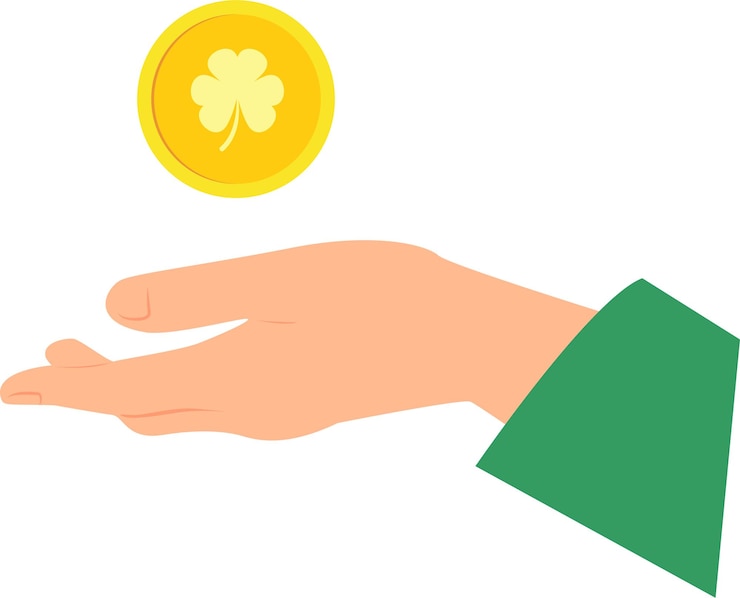 Vector moneda de oro con imagen de trébol por encima de la palma de la mano extendida con manga verde vector