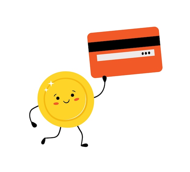 Moneda de oro linda con una tarjeta de crédito en la mano. carácter de moneda de dinero en estilo kawaii aislado sobre fondo blanco. ilustración vectorial