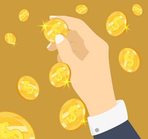 Moneda de oro en la mano dólar volando o cayendo monedas de oro concepto de caridad ilustración de estilo plano