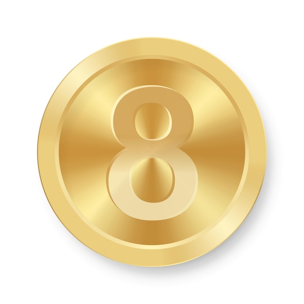 Moneda de oro con el número ocho Concepto de icono de internet Medalla ocho