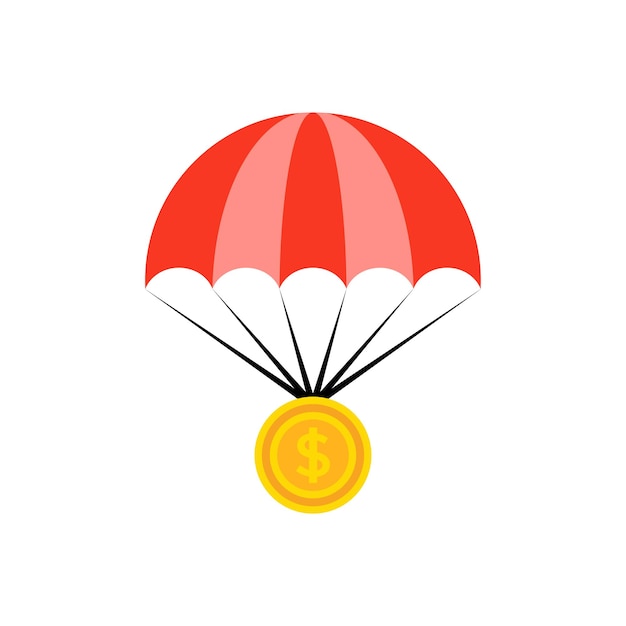 moneda de oro con paracaídas como la inflación concepto de negocio necesita dinero en efectivo o subsidios estatales estilo plano de dibujos animados fácil entrega de dinero logotipo diseño gráfico elemento web aislado en fondo blanco