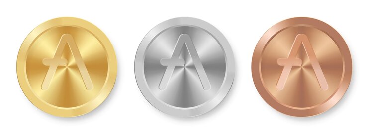 Moneda de oro, plata y bronce de Aave Concepto de criptomoneda web de Internet Medalla Aave
