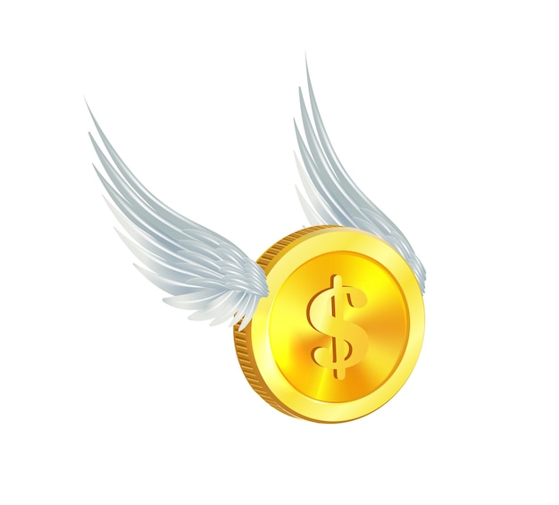 Moneda de oro voladora con alas aisladas en un vector d blanco