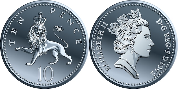 Vector moneda de plata británica de diez pisos o diez peniques reverso con reina leona heráldica coronada en el anverso