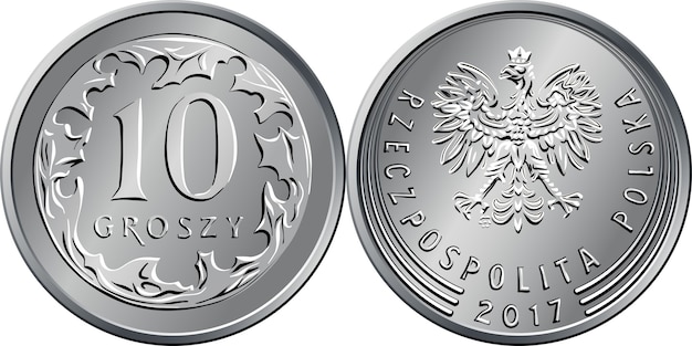 Moneda de plata de diez groszy de Polish Money, reverso con Value y 10 hojas circundantes, anverso con águila en la corona