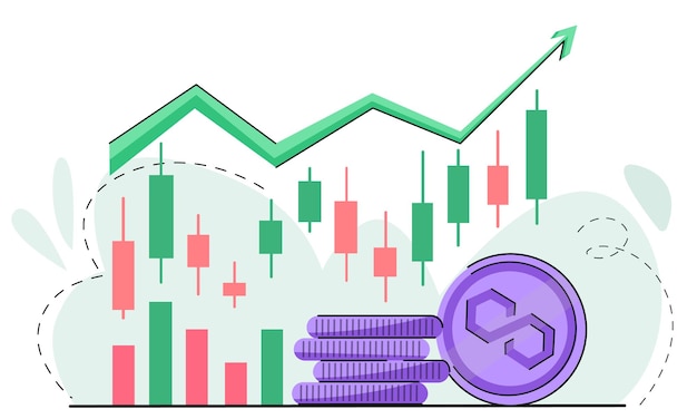 Moneda de polígono Tendencia de crecimiento crypto Ola alcista en el mercado de criptomonedas aumento de precios mercado alcista buena tendencia de crecimiento Flecha verde y moneda con logo MATIC vector aislado en blanco