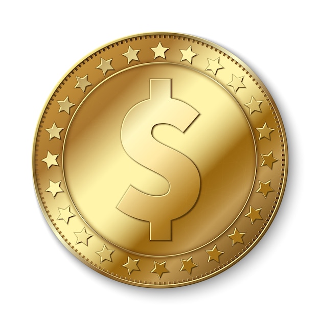 Moneda realista del vector del dólar del oro 3d aislada en blanco. símbolo de abundancia de efectivo