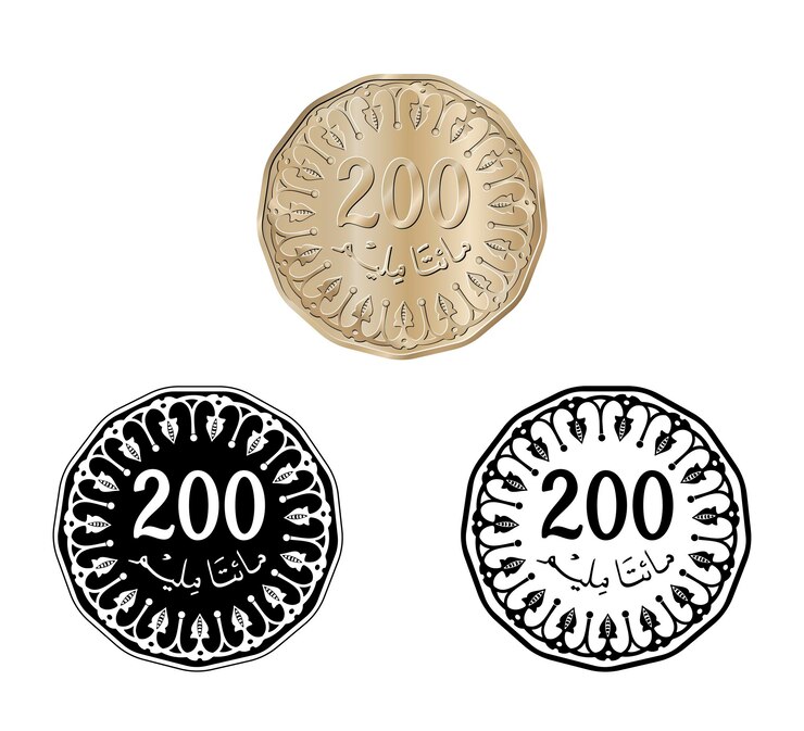 Vector moneda vectorial de 200 milímetros de túnez en fondo blanco aislado reverso