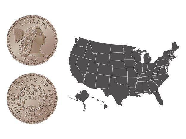 Moneda vectorial estadounidense de un centavo (1793-1795) Ilustración vectorial aislada en el mapa de Estados Unidos