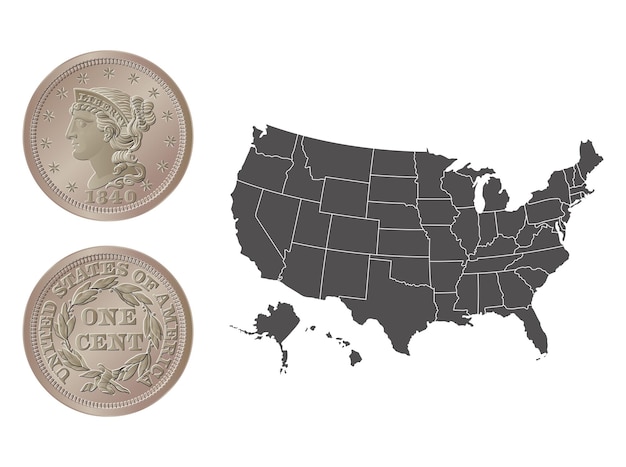 Moneda vectorial estadounidense de un centavo (1840-1857) Ilustración vectorial aislada en el mapa de Estados Unidos