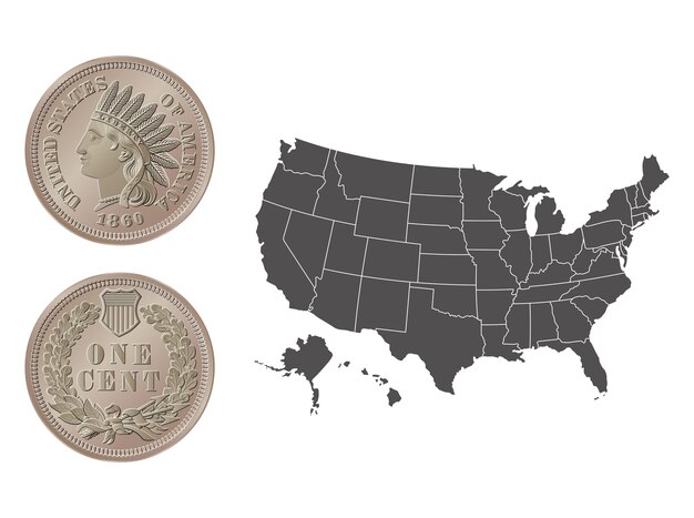 Moneda vectorial estadounidense de un centavo 1860 Ilustración vectorial aislada en el fondo de un mapa