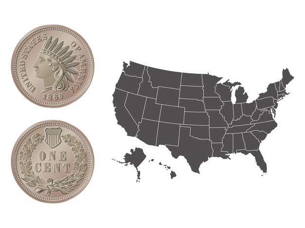 Moneda vectorial estadounidense de un centavo 1860 ilustración vectorial aislada en el fondo de un mapa