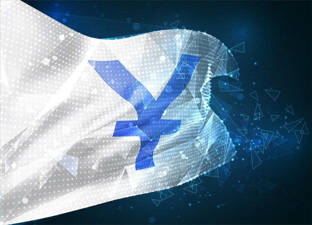 Moneda yen, bandera de vector, objeto virtual abstracto 3D de polígonos triangulares sobre un fondo azul