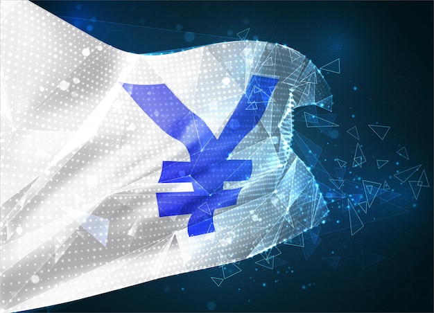 Moneda yen, bandera de vector, objeto virtual abstracto 3D de polígonos triangulares sobre un fondo azul