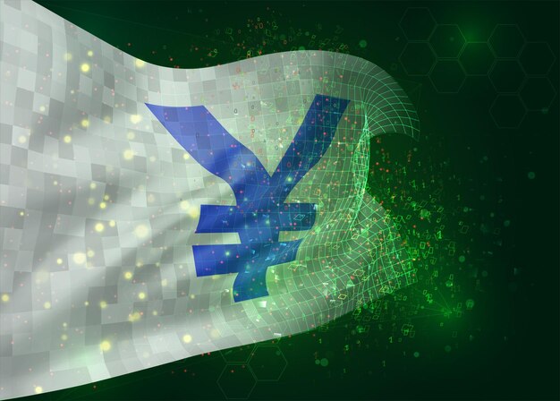 Moneda yen en vector bandera 3d sobre fondo verde con polígonos y números de datos