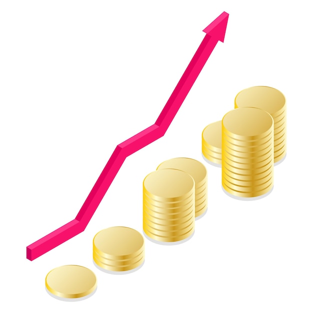 Monedas 3D realistas y gráfico ascendente Concepto de crecimiento de capital Ahorro de dinero