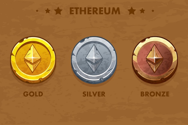 Monedas antiguas de ethereum de oro, plata y bronce aisladas. criptomoneda digital o virtual. moneda y efectivo electrónico