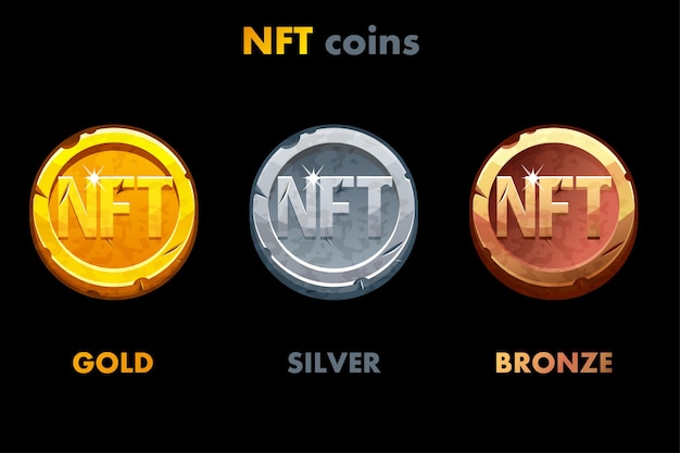 Monedas antiguas nft en diferentes metales monedas de oro, plata y bronce criptomoneda nfttoken moneda de internet del futuro