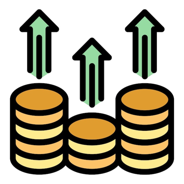 Las monedas aumentan el icono del contorno de las monedas elevan el color del icono del vector plano aislado