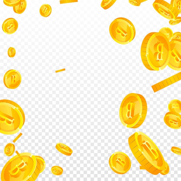 Monedas de baht tailandés cayendo. Fabulosas monedas THB dispersas. Dinero de Tailandia. Concepto delicado de premio mayor, riqueza o éxito. Ilustración vectorial.