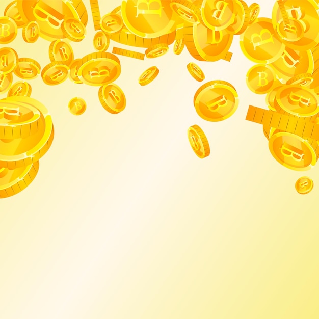 Monedas de baht tailandeses cayendo Monedas de THB esparcidas en oro Dinero tailandés Gran concepto de éxito comercial Ilustración vectorial cuadrada