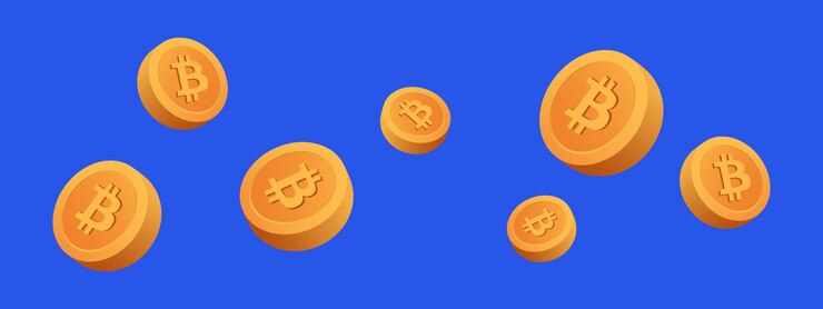 Vector monedas de bitcoin 3d ilustración vectorial de monedas de bitcoin sobre un fondo azul concepto de criptomoneda de dinero moneda de oro vector eps 10