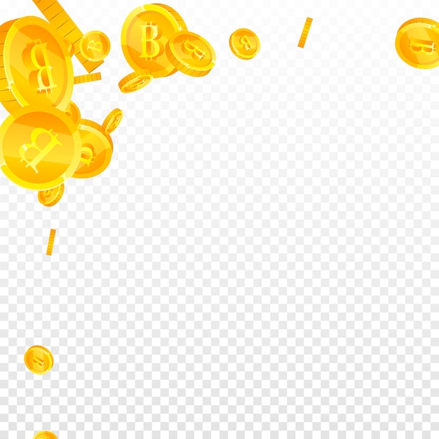 Monedas Bitcoin cayendo Criptomoneda monedas BTC de oro dispersas Moneda de Internet Concepto de crisis financiera global Ilustración de vector cuadrado