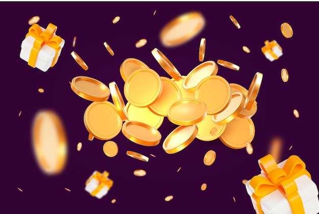 Monedas brillantes de oro de explosión 3D con caja de regalo voladora en fondo aislado púrpura BV
