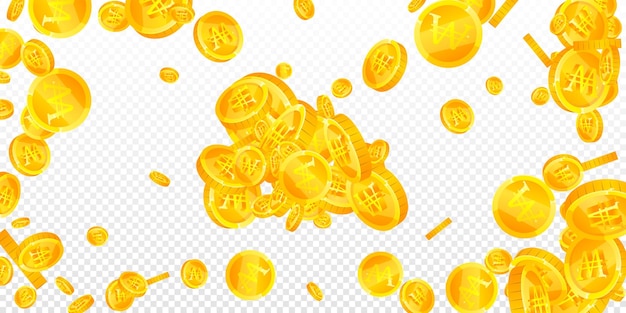 Monedas coreanas ganadas cayendo monedas de oro dispersas monedas WON de Corea dinero Jackpot riqueza o concepto de éxito Ilustración de vector amplio