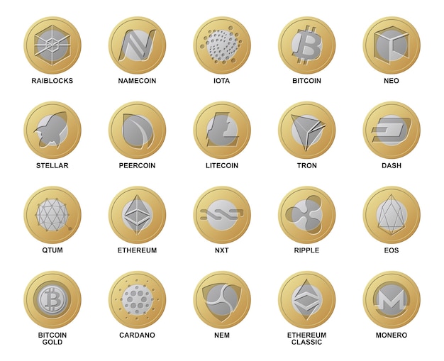 Monedas de cripto moneda logo. Colección de criptomonedas blockchain de diferentes monedas de oro y plata para la compra y la red comercial. Conjunto de dinero digital para aplicaciones, sitios web. Realista
