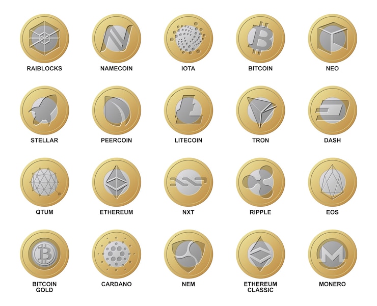 Vector monedas de cripto moneda logo. colección de criptomonedas blockchain de diferentes monedas de oro y plata para la compra y la red comercial. conjunto de dinero digital para aplicaciones, sitios web. realista