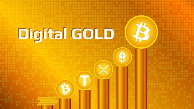 Monedas de criptomoneda en pedestales de oro sobre un fondo dorado Bitcoin de oro digital y altcoins se clasifican por volumen Vector EPS10