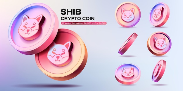 Las monedas de criptomoneda SHIB vectoriales 3D establecen una ilustración de perspectiva sobre las monedas criptográficas