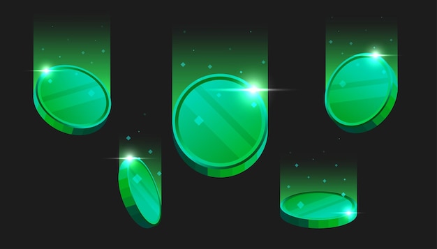 Monedas de criptomoneda verde en blanco cayendo sobre fondo oscuro