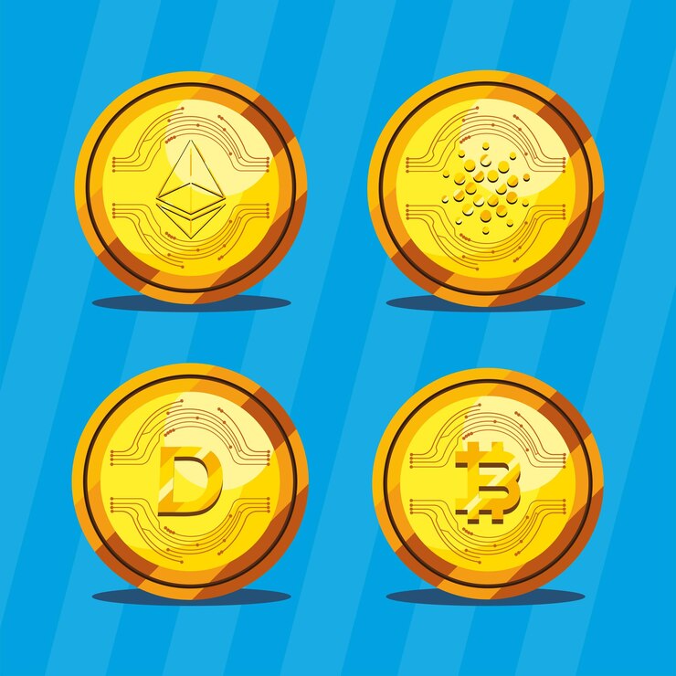 Vector monedas de criptomonedas doradas