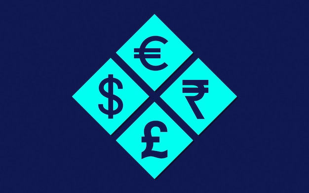 monedas digitales mundiales como el dólar estadounidense, el euro, la libra esterlina y el concepto financiero de la rupia india