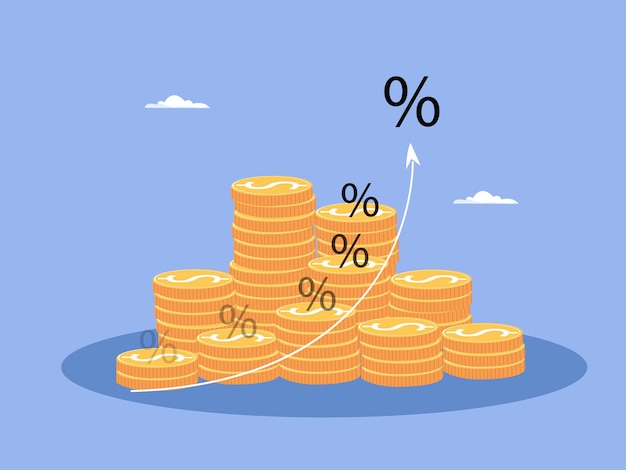 Monedas de dinero apiladas con flecha hacia arriba y símbolo de porcentaje para la banca financiera aumentan la tasa de interés o el dividendo de inversión hipotecaria del vector del concepto de crecimiento empresarial