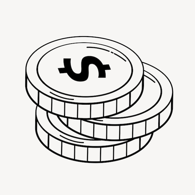 Monedas de dólar elemento de collage de garabateo lindo vector de ilustración en blanco y negro