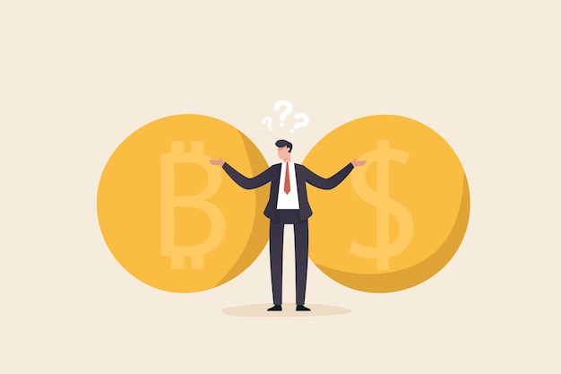 Monedas de dólar y monedas de criptomoneda concepto de comparación de intercambio de precios fiduciario y conversión digital de bitcoin a dólar Inversión y finanzas