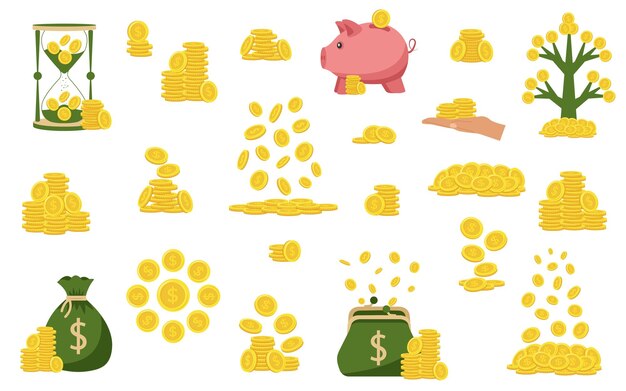 Monedas de dólar Pila de monedas de oro Pila de monedas de oro pilas de dinero y pilas de oro Monedas que caen