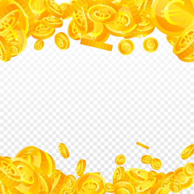 Monedas de euro de la Unión Europea cayendo. Delicadas monedas EUR dispersas. Dinero de Europa. Premio ordenado, riqueza o concepto de éxito. Ilustración vectorial.