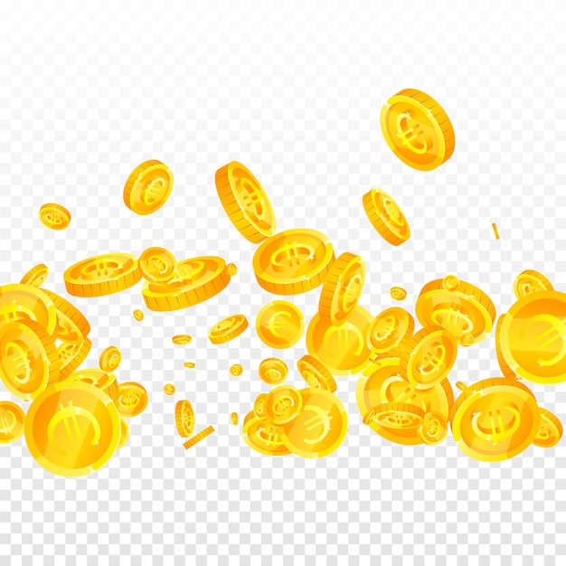 Monedas de euro de la Unión Europea que caen Monedas de oro de euro esparcidas Dinero de Europa Concepto de crisis financiera mundial Ilustración de vector cuadrado