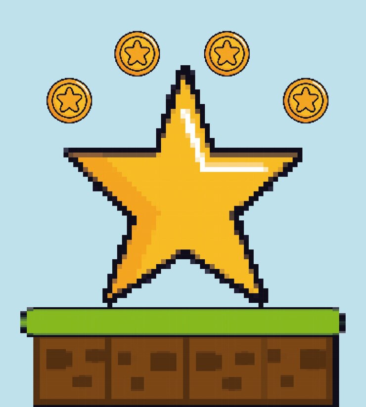 Vector monedas y figuras de pixeles de juegos de estrellas
