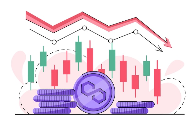 Monedas MATIC de polígono que caen Oso rojo flecha hacia abajo en el mercado de criptomonedas mercado bajista cripto tendencia descendente velas japonesas y logotipo vector de moneda MATIC aislado en blanco