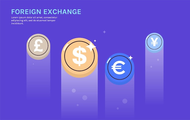 Monedas de moneda internacional y dólar, euro, libra, yen sobre fondo horizontal de longitud completa.