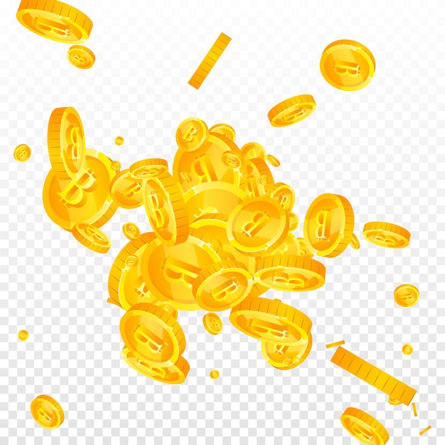 Monedas de moneda de Internet de Bitcoin que caen Monedas BTC dispersas seductoras Dinero digital de criptomonedas Concepto de riqueza o éxito de jackpot elegante Ilustración vectorial