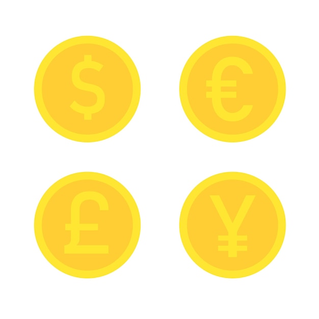 Monedas de moneda más utilizadas Conjunto de monedas de oro Símbolos financieros de negocios Ilustración vectorial aislada