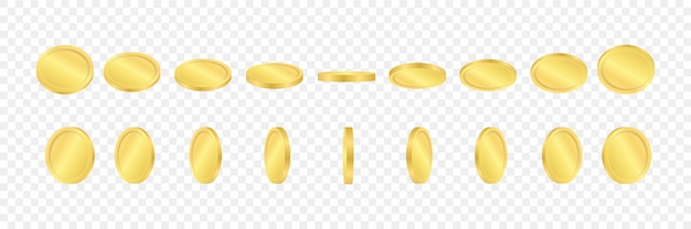 Monedas de oro 3D sobre un fondo transparente. Oins en diferentes posiciones. ilustración.