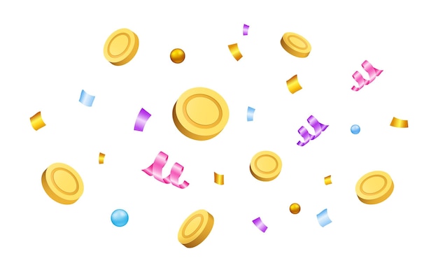 Monedas de oro y confeti 3D se representan aislados en elementos de fondo blanco Dinero de oro Bono de devolución de dinero Símbolo de logro de éxito y victoria Ilustración de dibujos animados vectorial
