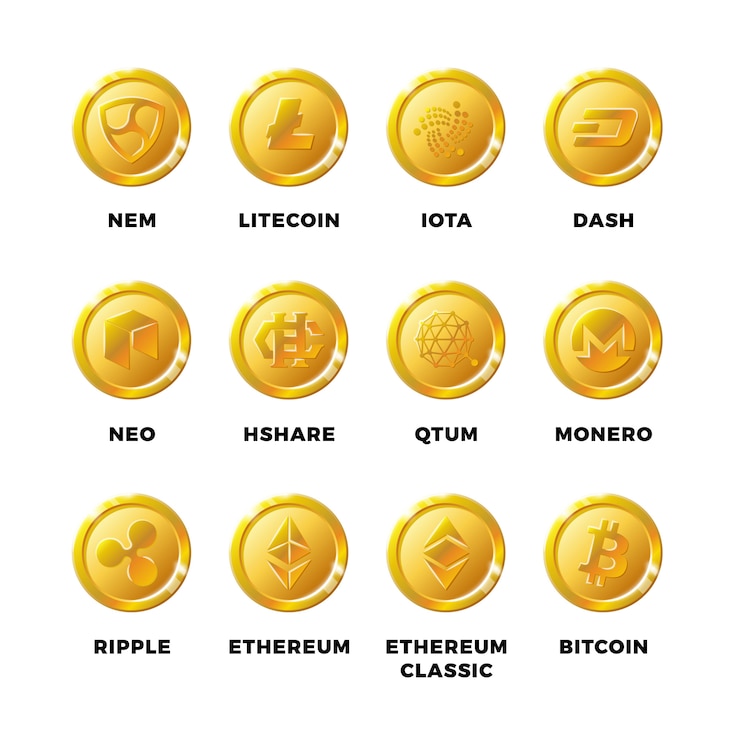 Vector monedas de oro de criptomoneda con bitcoin, conjunto de vectores de símbolos literein ethereum